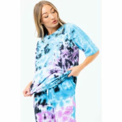 Hype. Womens Oversized Blue Multi Tie Dye Scribble Logo T-Shirt