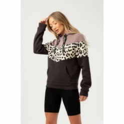 Hype. Womens Brown Ganache Cheetah Chevron Panel Justhype Drawcord Hoodie