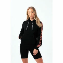 Hype. Womens Black Brick Cheetah Panel Justhype Drawcord Hoodie