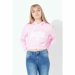 Hype. Pink White Script Crop Hoodie