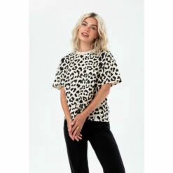 Hype. Womens Natural Leopard Print Woven Tab Scribble Boxy T-Shirt