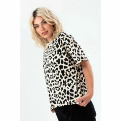 Hype. Womens Natural Leopard Print Woven Tab Scribble Boxy T-Shirt -Hype Shop unnamed file 507