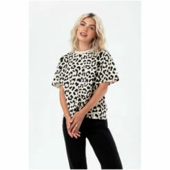 Hype. Womens Natural Leopard Print Woven Tab Scribble Boxy T-Shirt -Hype Shop unnamed file 510