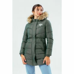 Hype. Green Longline Contrast Faux-Fur Puffer Hood Coat