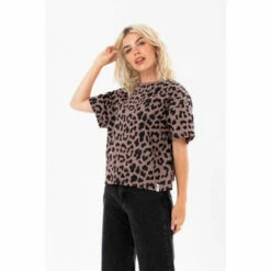Hype. Womens Leopard Print Woven Tab Scribble Boxy Brown T-Shirt
