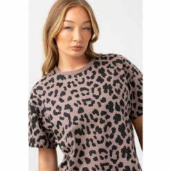 Hype. Womens Leopard Print Woven Tab Scribble Boxy Brown T-Shirt -Hype Shop unnamed file 876