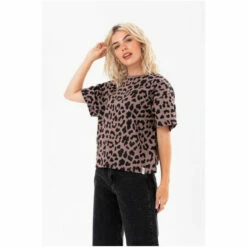 Hype. Womens Leopard Print Woven Tab Scribble Boxy Brown T-Shirt -Hype Shop unnamed file 879